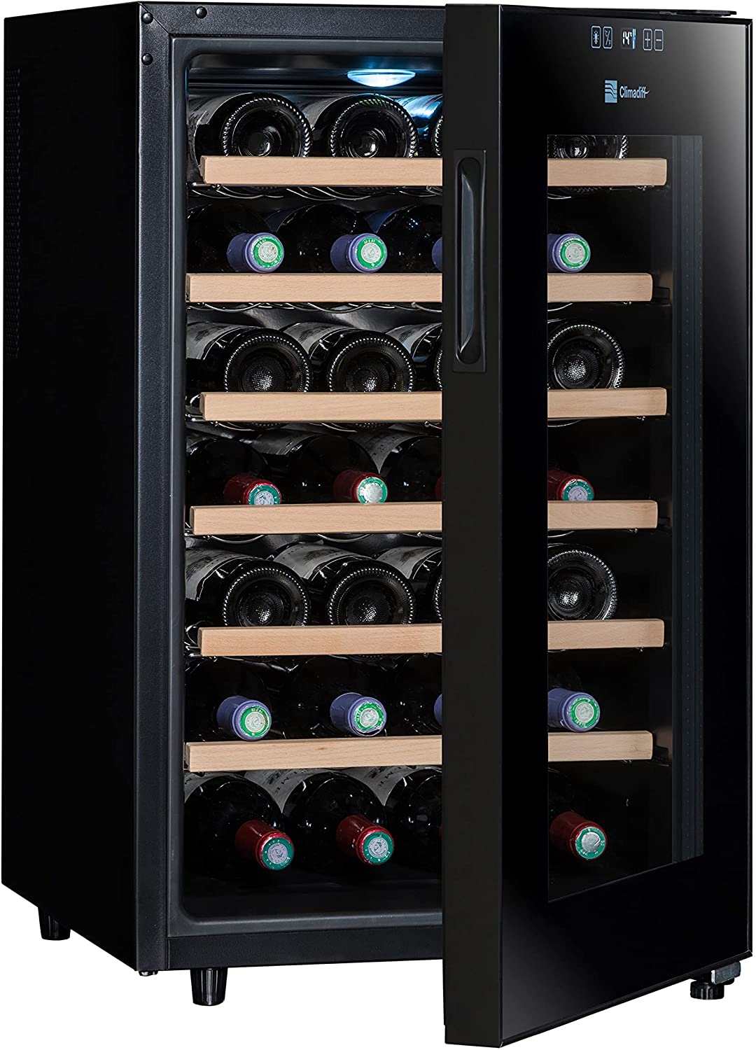 CLIMADIFF CC28 Design Weinkühlschrank mit Glastür | 28 Flaschen | TÜV geprüft | Flaschenkühlschrank mittel | Kompakt 73x45x52 cm | Leise 30 dBA