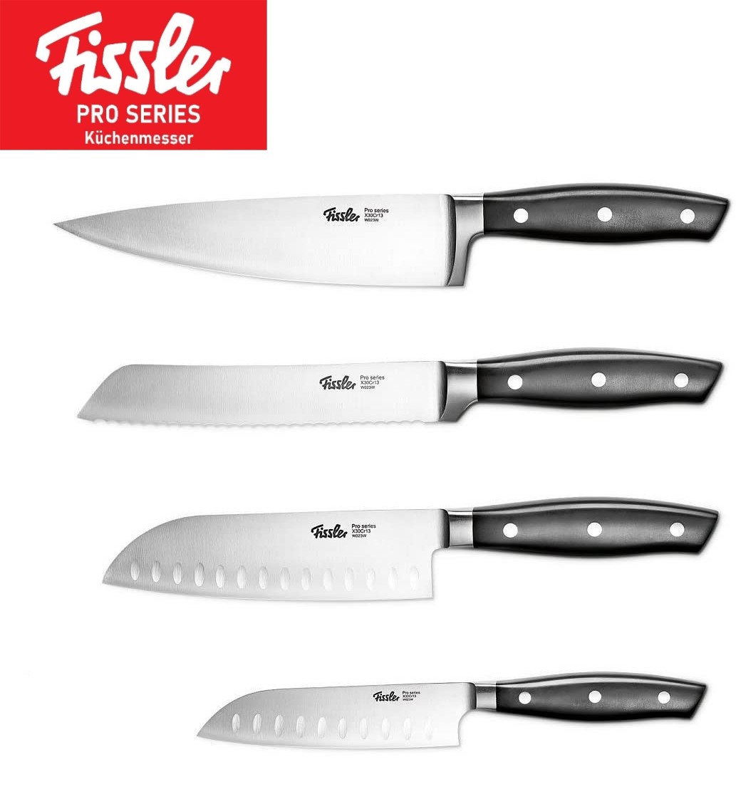 Fissler Profi Messer-Set 4TLG - 1 Kochmesser, 1 Brotmesser, 2 Santokumesser groß